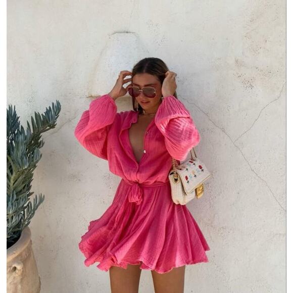 MISA Leeva Pink Ruffle Mini Dress Romantic Boho Coquette Cottagecore Vacation - Picture 14 of 16